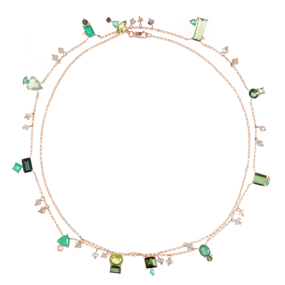 COLAR COMRPIDO COM PRASIOLITA, ESMERALDA, TURMALINA VERDE E DIAMANTE