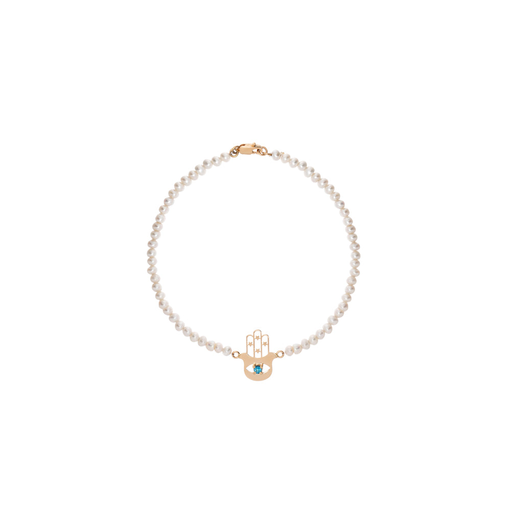 PULSEIRA DE PÉROLAS E PINGENTE MÃO HAMSÁ