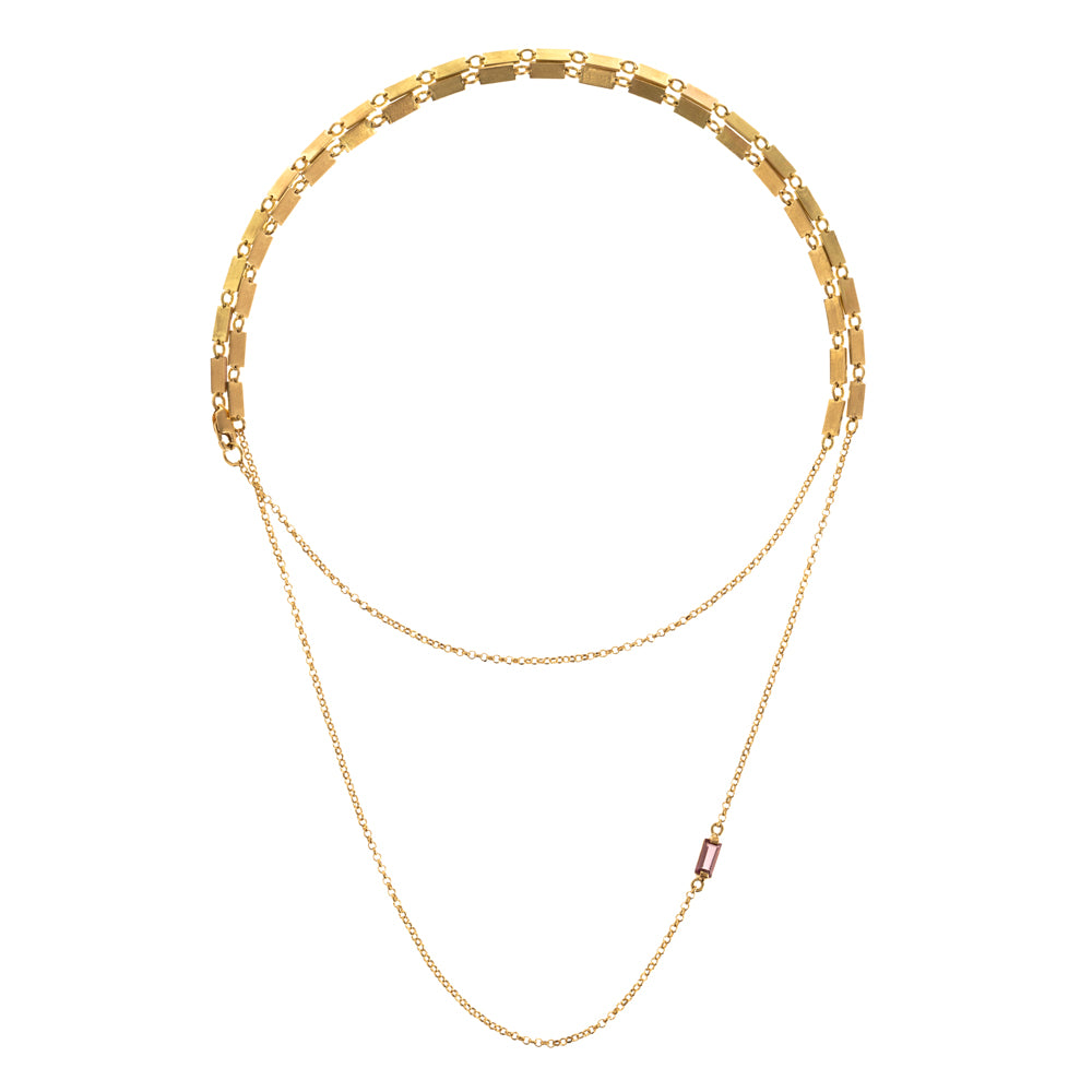 COLAR ELO PORTUGUÊS E BAGUETES CHAPAS E TURMALINA ROSA