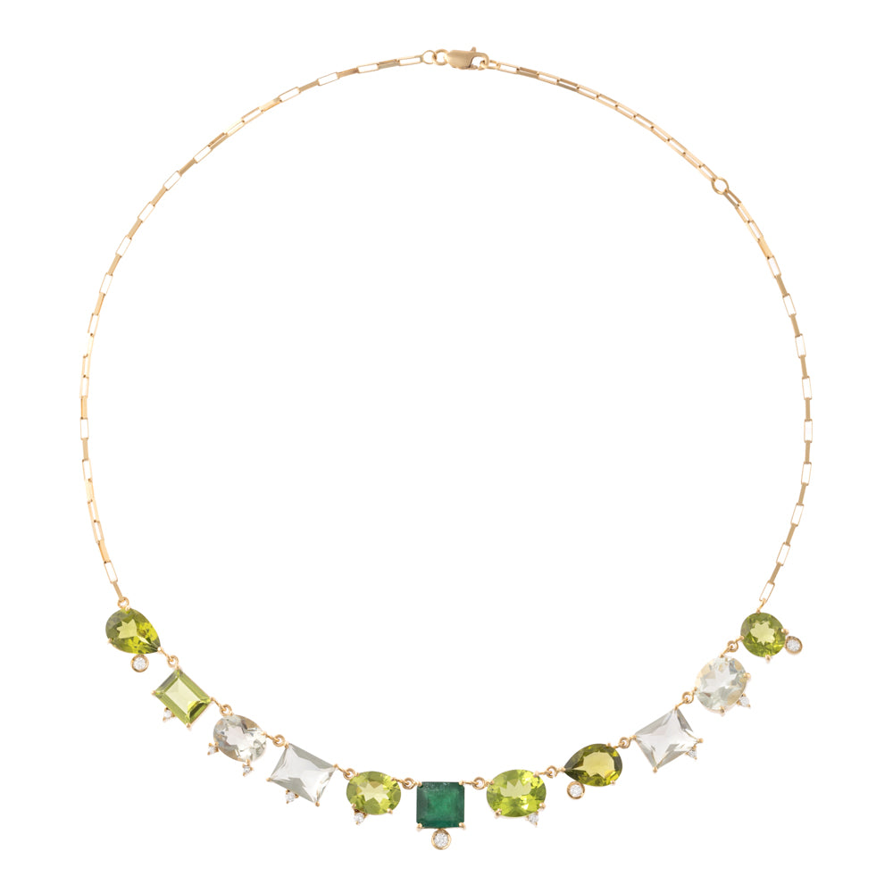 COLAR COM ESMERALDA, PERIDOTO, PRASIOLITA E DIAMANTES