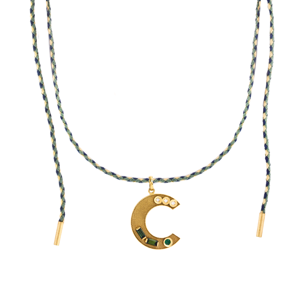 PINGENTE INICIAL COM TURMALINA, ESMERALDA E DIAMANTE