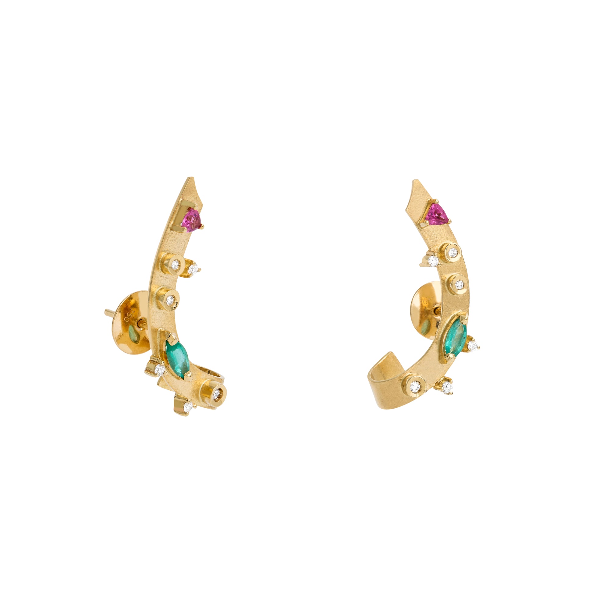 BRINCO EARCUFF COM DIAMANTE, ESMERALDA E TURMALINAS