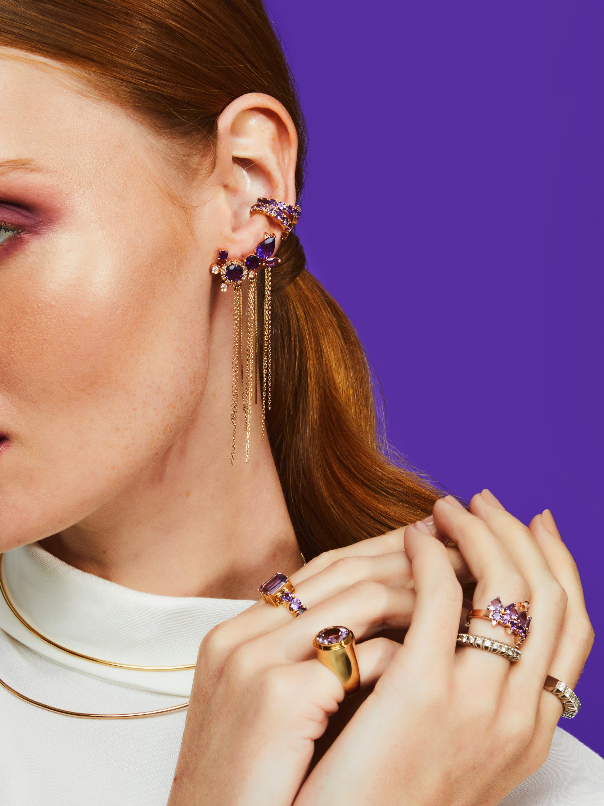 BRINCO EARCUFF AMETISTA COM FRANJAS