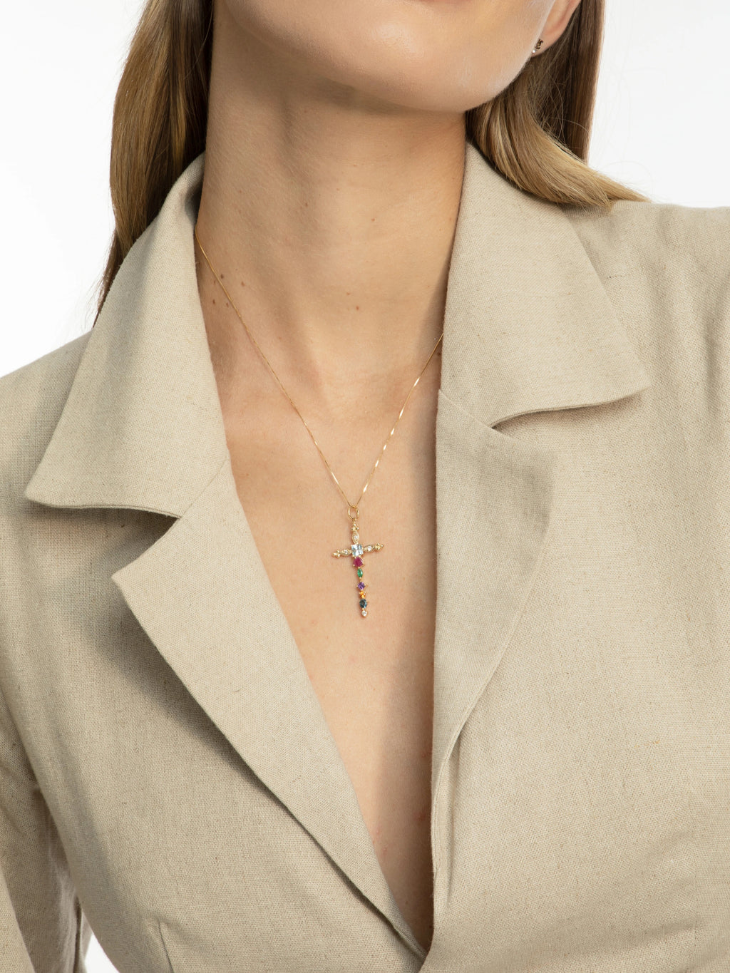 PINGENTE ESPADA/CRUZ COM GEMAS COLORIDAS