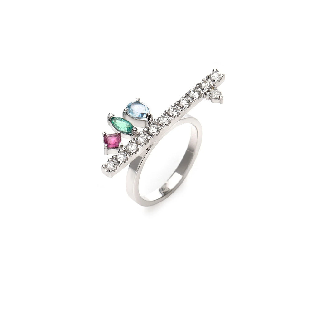 ANEL PALITO COM DIAMANTE, TURMALINA ROSA, ESMERALDA E ÁGUA MARINHA