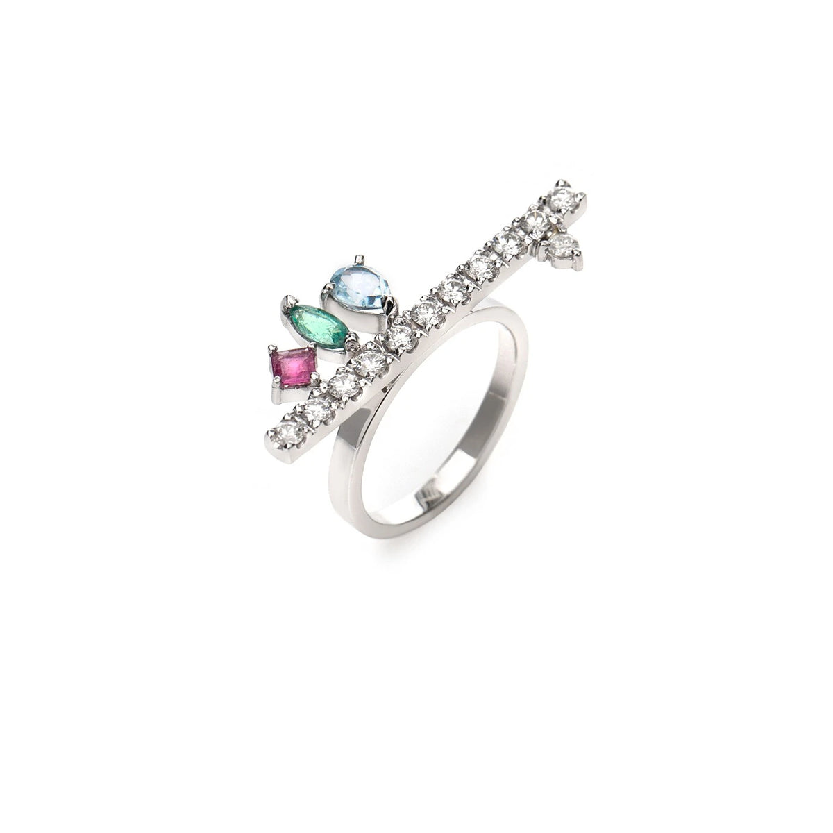 ANEL PALITO COM DIAMANTE, TURMALINA ROSA, ESMERALDA E ÁGUA MARINHA