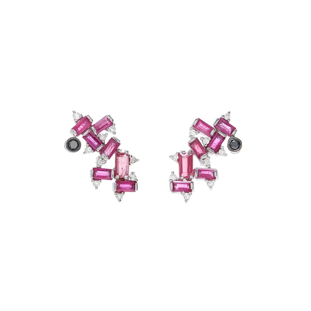 BRINCO ASSIMETRICO TURMALINA ROSA, RUBI E DIAMANTE