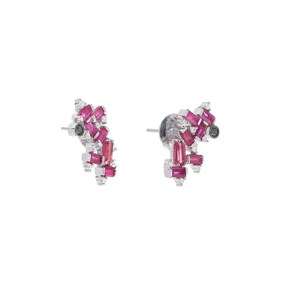 BRINCO ASSIMETRICO TURMALINA ROSA, RUBI E DIAMANTE