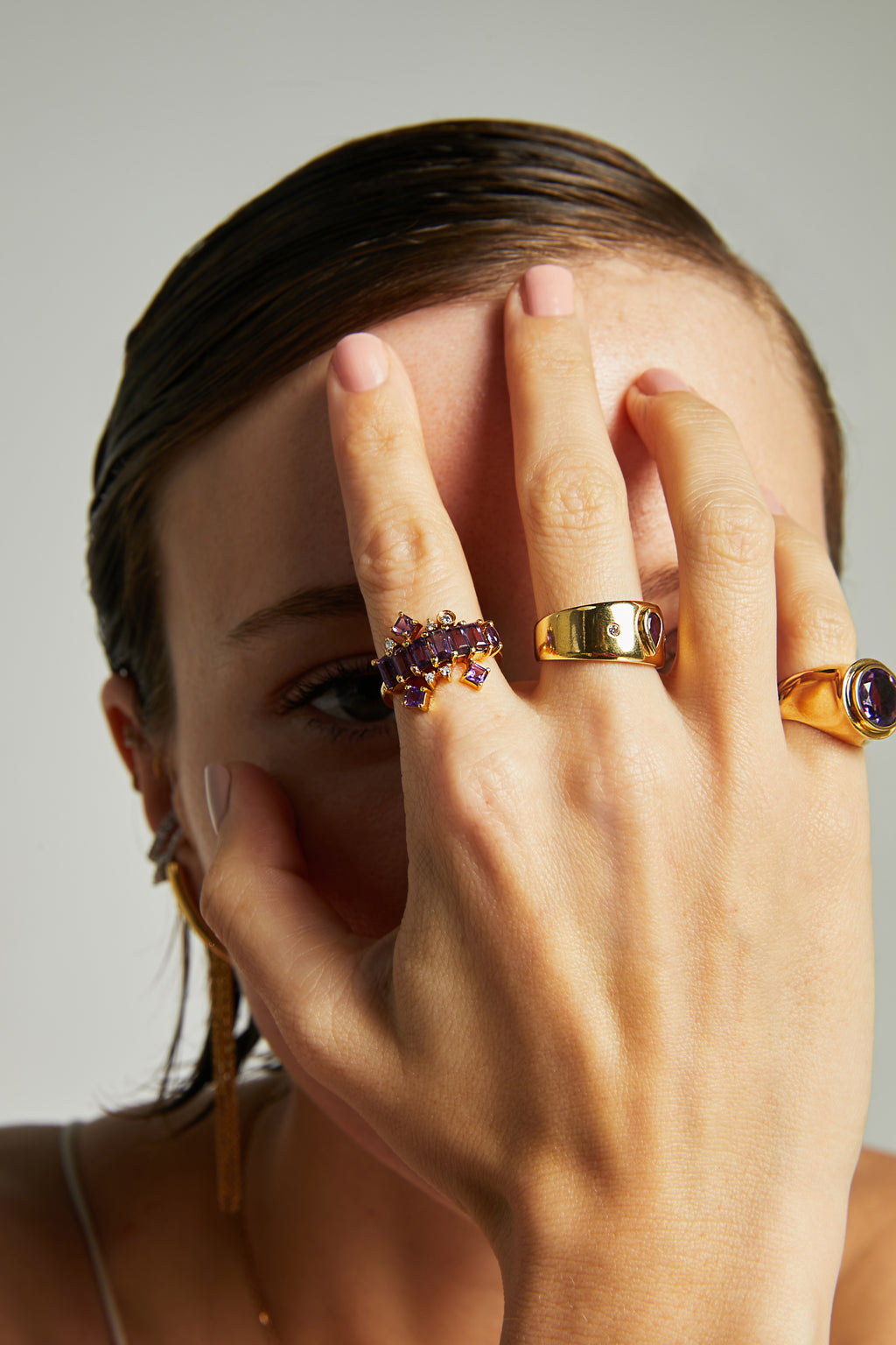 ANEL BAGUETE AMETISTAS E DIAMANTES