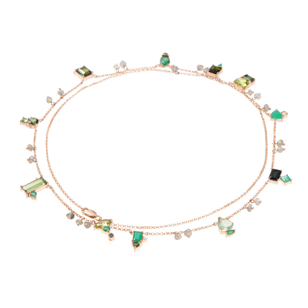 COLAR COMRPIDO COM PRASIOLITA, ESMERALDA, TURMALINA VERDE E DIAMANTE