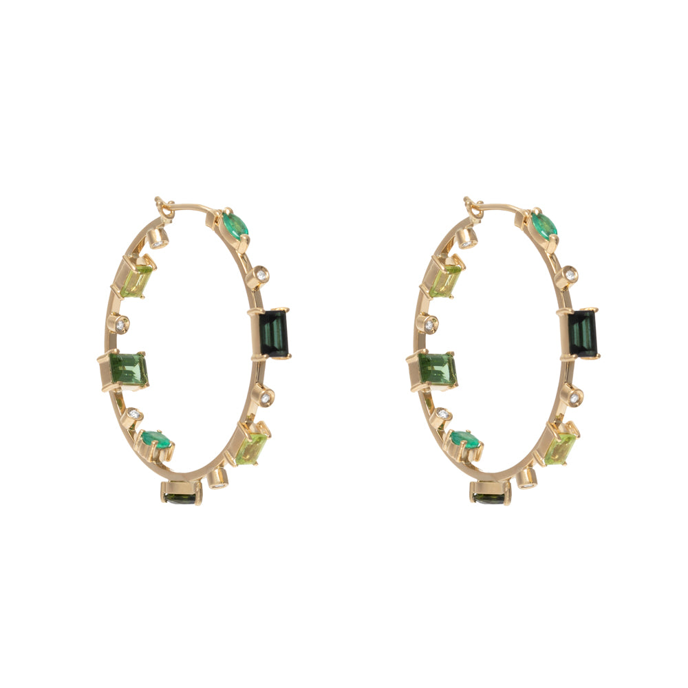 BRINCO ARGOLA COM ESMERALDA, TURMALINA, PERIDOTO E DIAMANTE