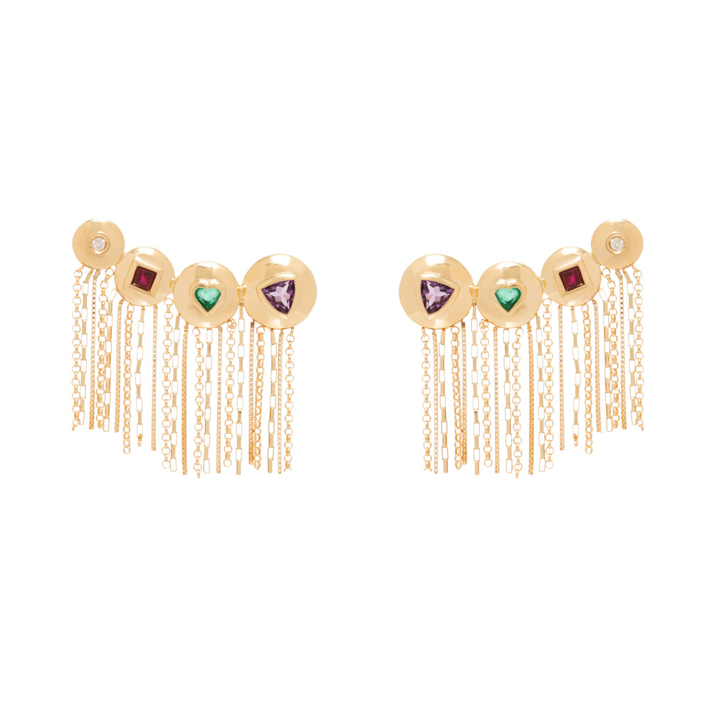 BRINCO EARCUFF COM RUBI, ESMERALDA, AMETISTA E DIAMANTES