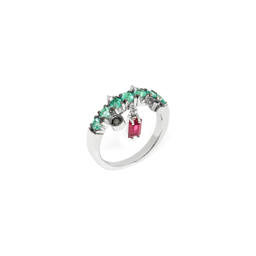 ANEL COM RUBI, ESMERALDA E DIAMANTE