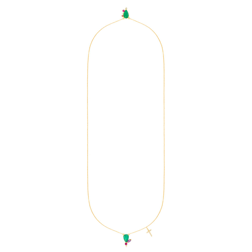 ESCAPULÁRIO ESMERALDA COM GEMAS E CRUZ