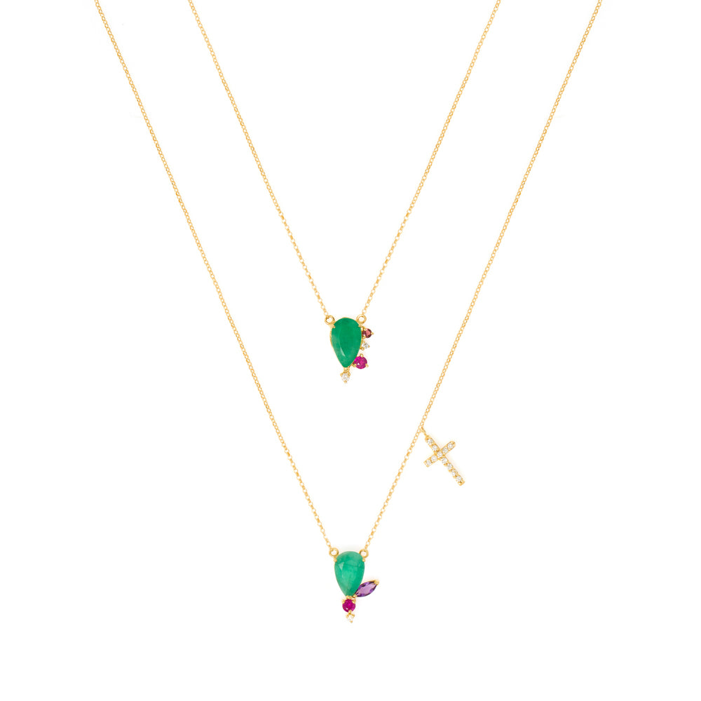 ESCAPULÁRIO ESMERALDA COM GEMAS E CRUZ