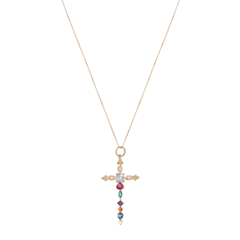 PINGENTE ESPADA/CRUZ COM GEMAS COLORIDAS