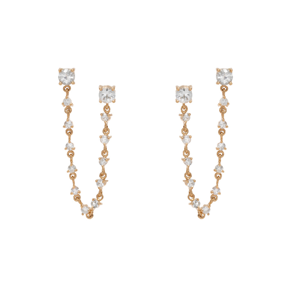 BRINCO DUPLO DE SAFIRAS INCOLOR COM CORRENTES