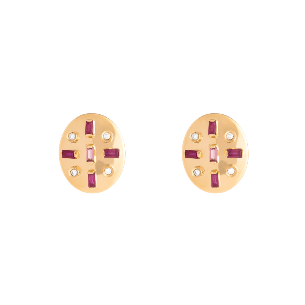 BRINCO OVAL COM TURMALINA ROSA, RUBI E DIAMANTES