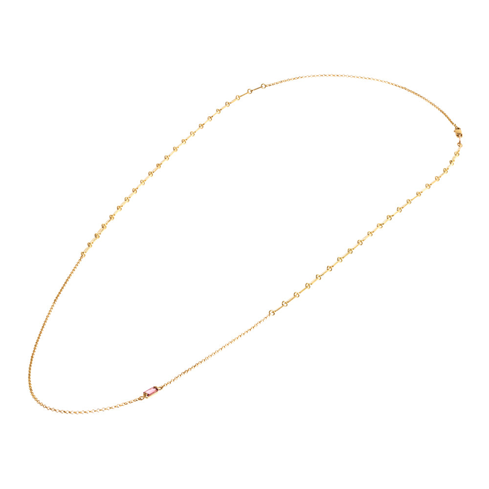 COLAR ELO PORTUGUÊS E BAGUETES CHAPAS E TURMALINA ROSA