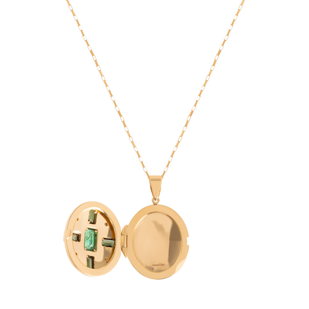 PINGENTE RELICÁRIO COM ESMERALDA, TURMALINA VERDE E DIAMANTE