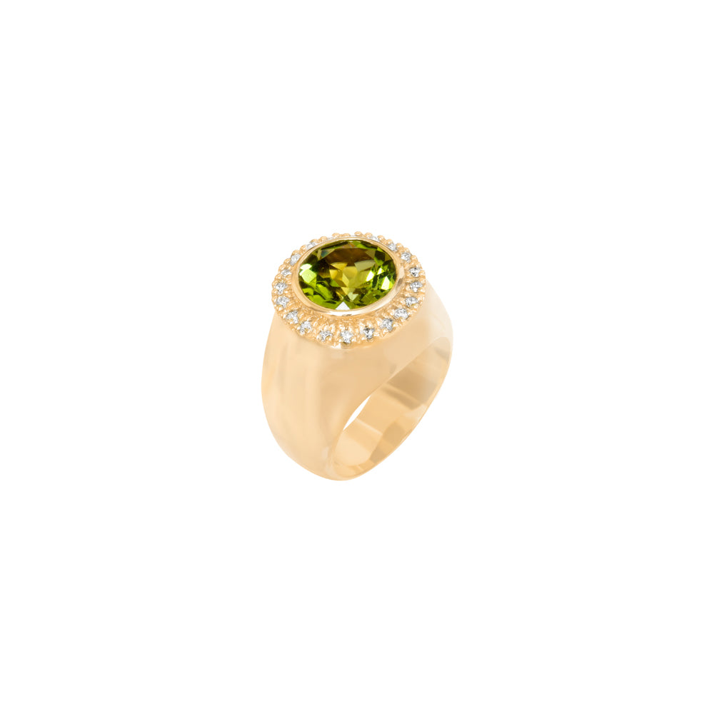 ANEL DEDINHO COM PERIDOTO E DIAMANTES