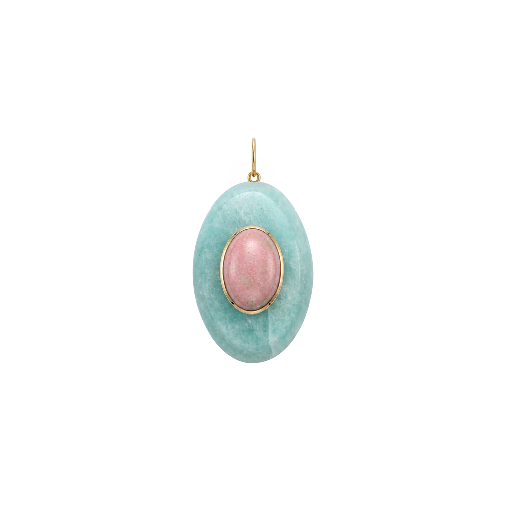 PINGENTE OVAL COM AMAZONITA VERDE E THULITA