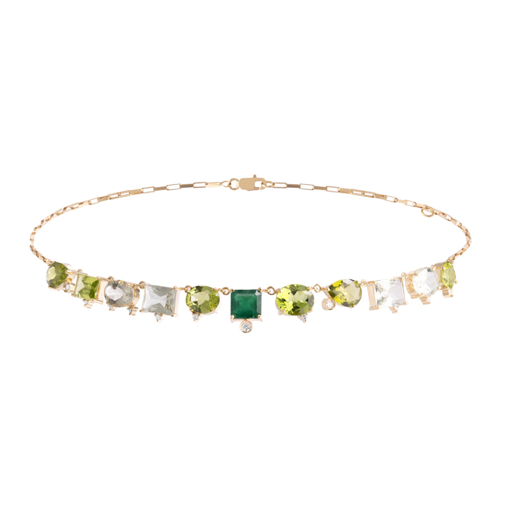 COLAR COM ESMERALDA, PERIDOTO, PRASIOLITA E DIAMANTES