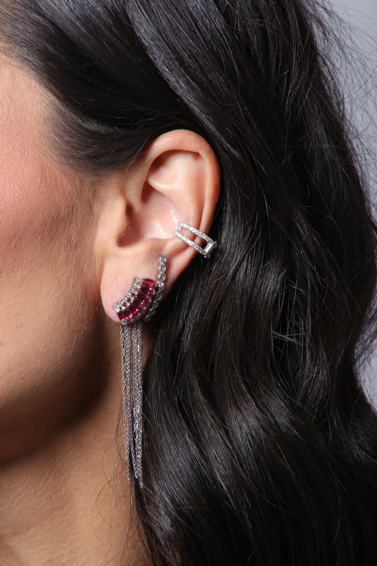 BRINCO EARCUFF TURMALINAS ROSAS, RUBI, DIAMANTE