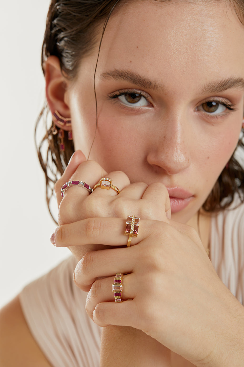 ANEL BAGUETES TURMALINA, RUBI E MORGANITA