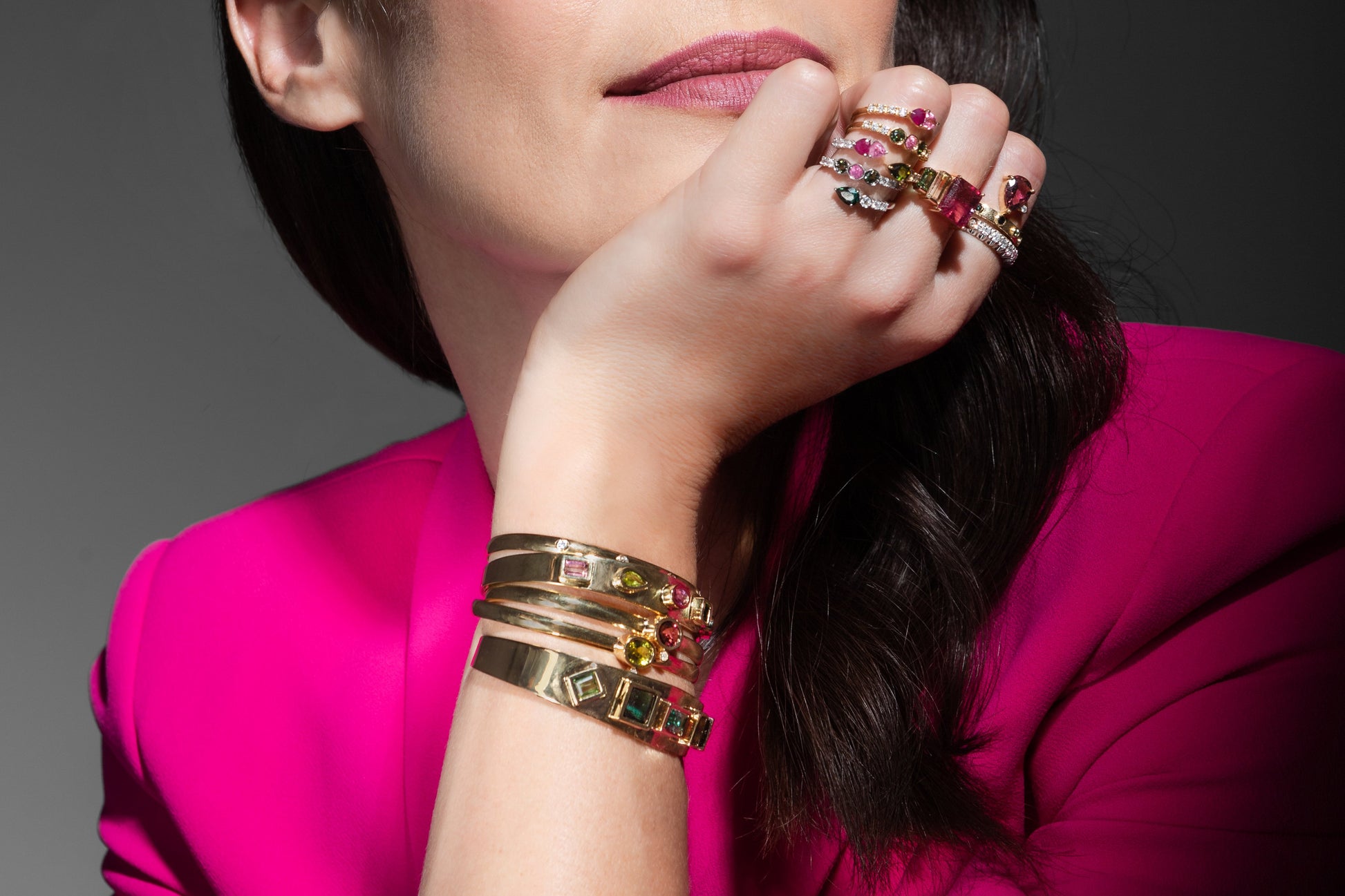 ANEL TRIPLO DIAMANTES E TURMALINAS