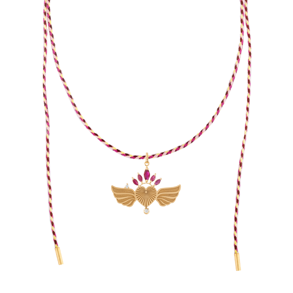 PINGENTE CORAÇÃO ASAS COM RUBIS E DIAMANTE