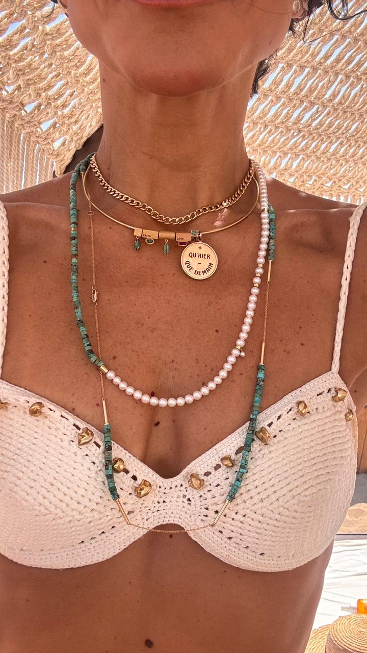 COLAR DUPLO TURQUESA E PÉROLAS