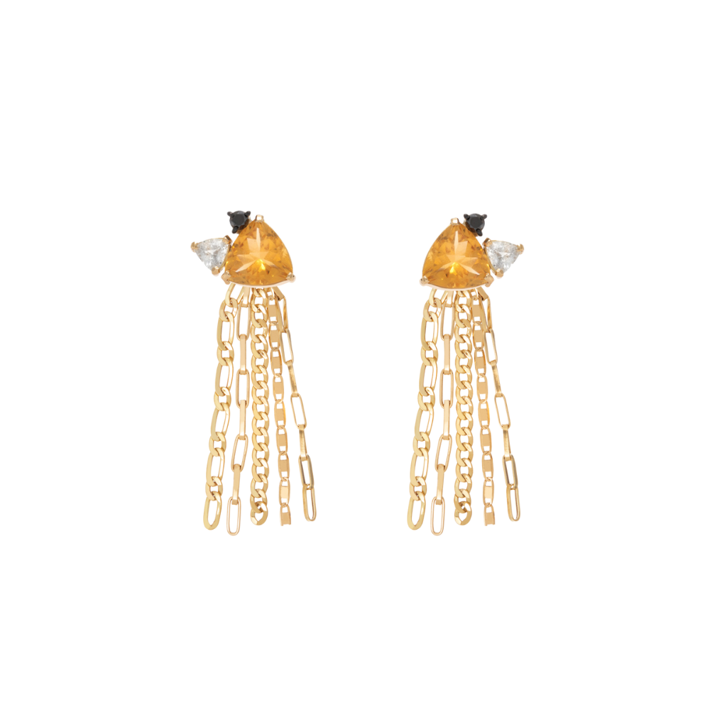 BRINCO CITRINO COM SAFIRA INCOLOR E DIAMANTE NEGRO