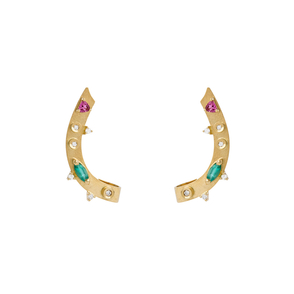 BRINCO EARCUFF COM DIAMANTE, ESMERALDA E TURMALINAS