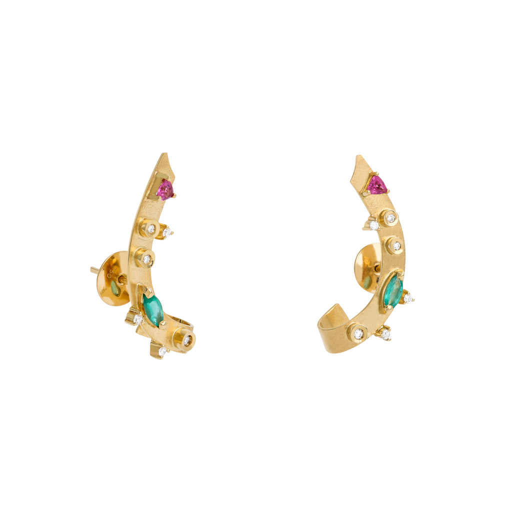 BRINCO EARCUFF COM DIAMANTE, ESMERALDA E TURMALINAS