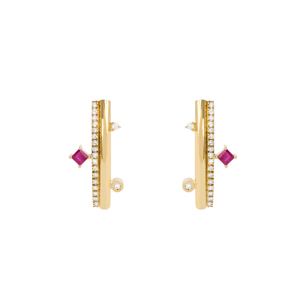 BRINCO CÔNCAVO DUPLO COM RUBI E DIAMANTES