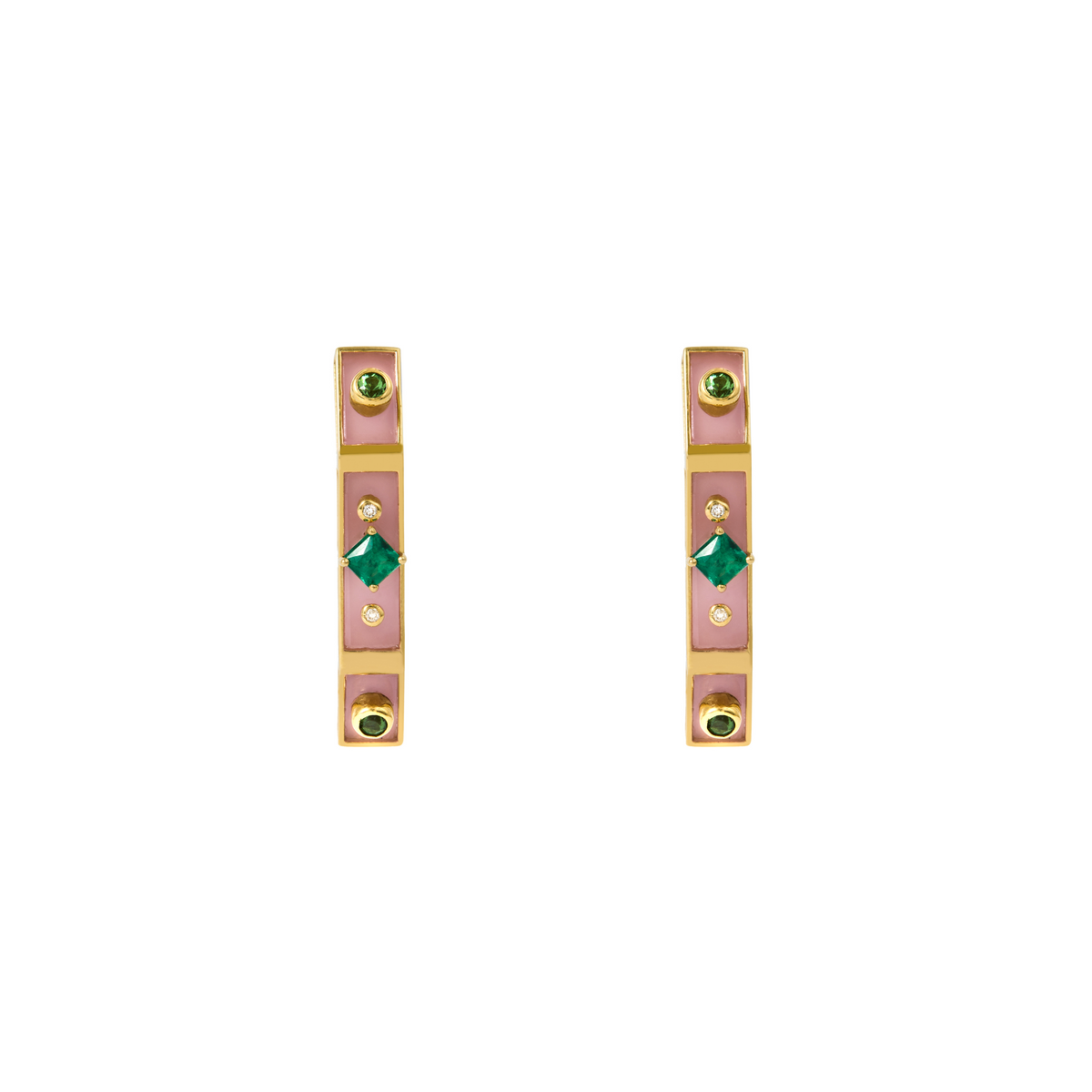 BRINCO CÔNCAVO CHAPAS DE QUARTZO GOIABA E GEMAS