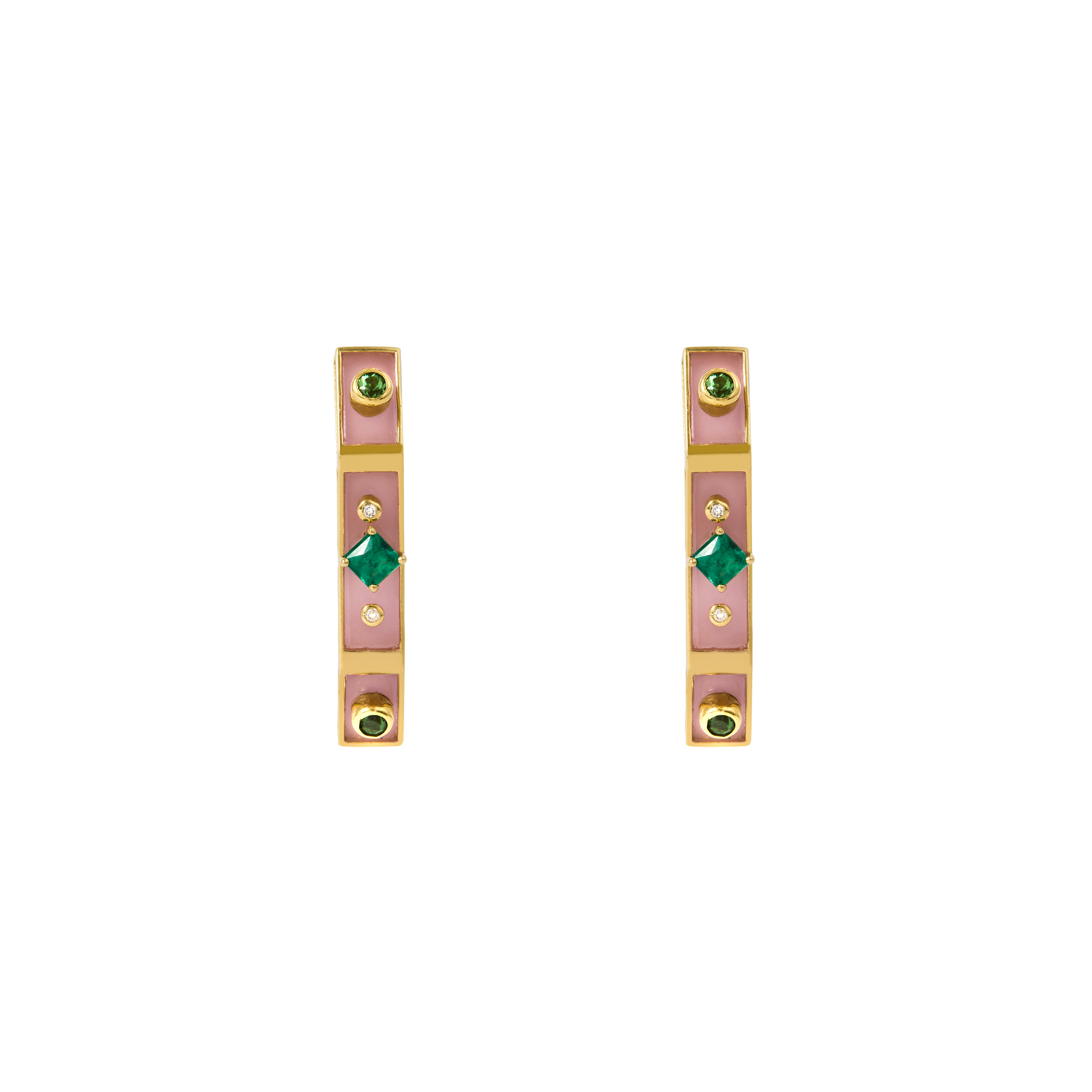 BRINCO CÔNCAVO CHAPAS DE QUARTZO GOIABA E GEMAS