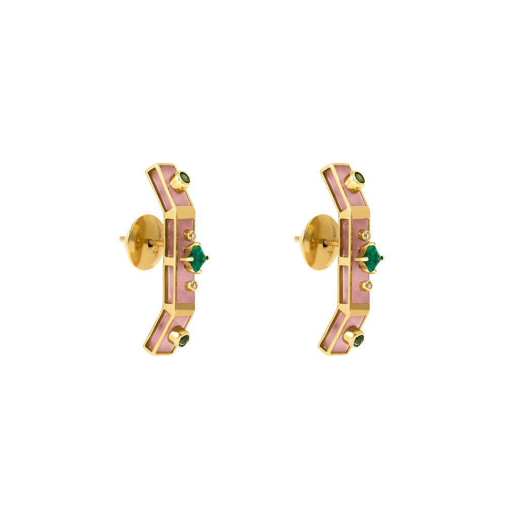 BRINCO CÔNCAVO CHAPAS DE QUARTZO GOIABA E GEMAS