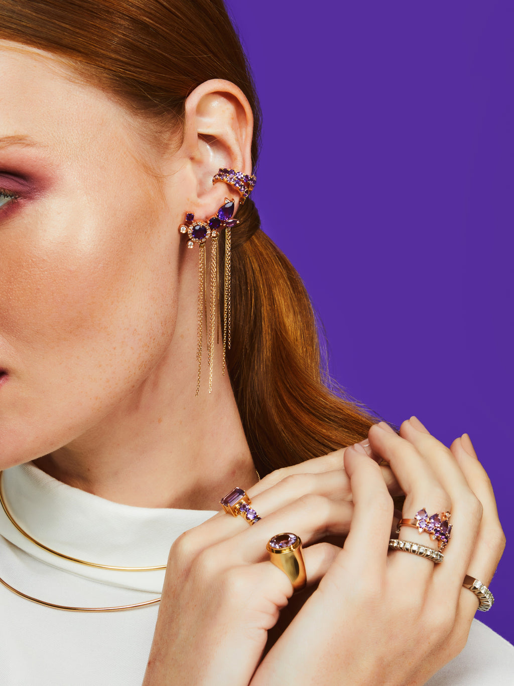 BRINCO EARCUFF AMETISTA COM FRANJAS