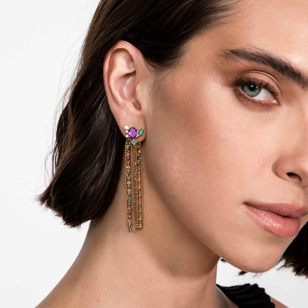 BRINCO ASSIMÉTRICO COM AMETISTA, ESMERALDA E DIAMANTE